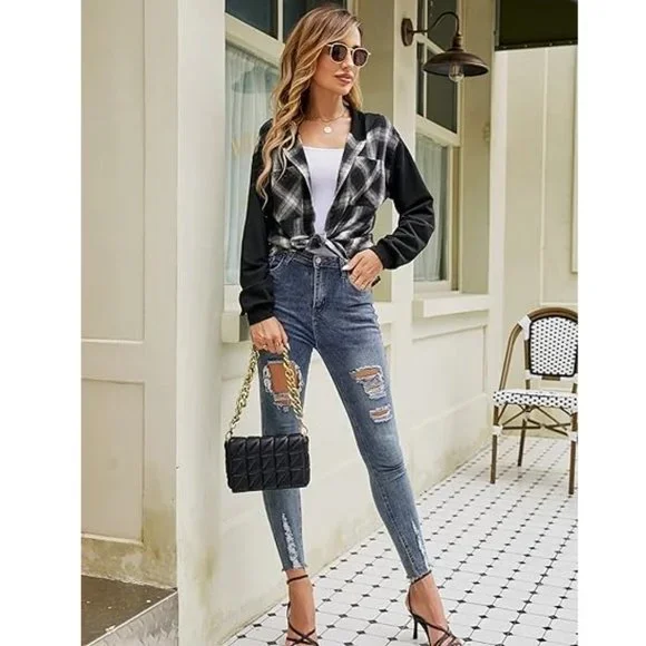 Blooming Jelly Womens Plaid hooded Flannel Shirts Long Sleeve Hoodies. d07 - Picture 5 of 7